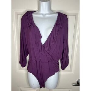 Rachel Zoe Women's Faux Wrap Ruffle Neckline Bodysuit Faded Plum NEW ~ Size L